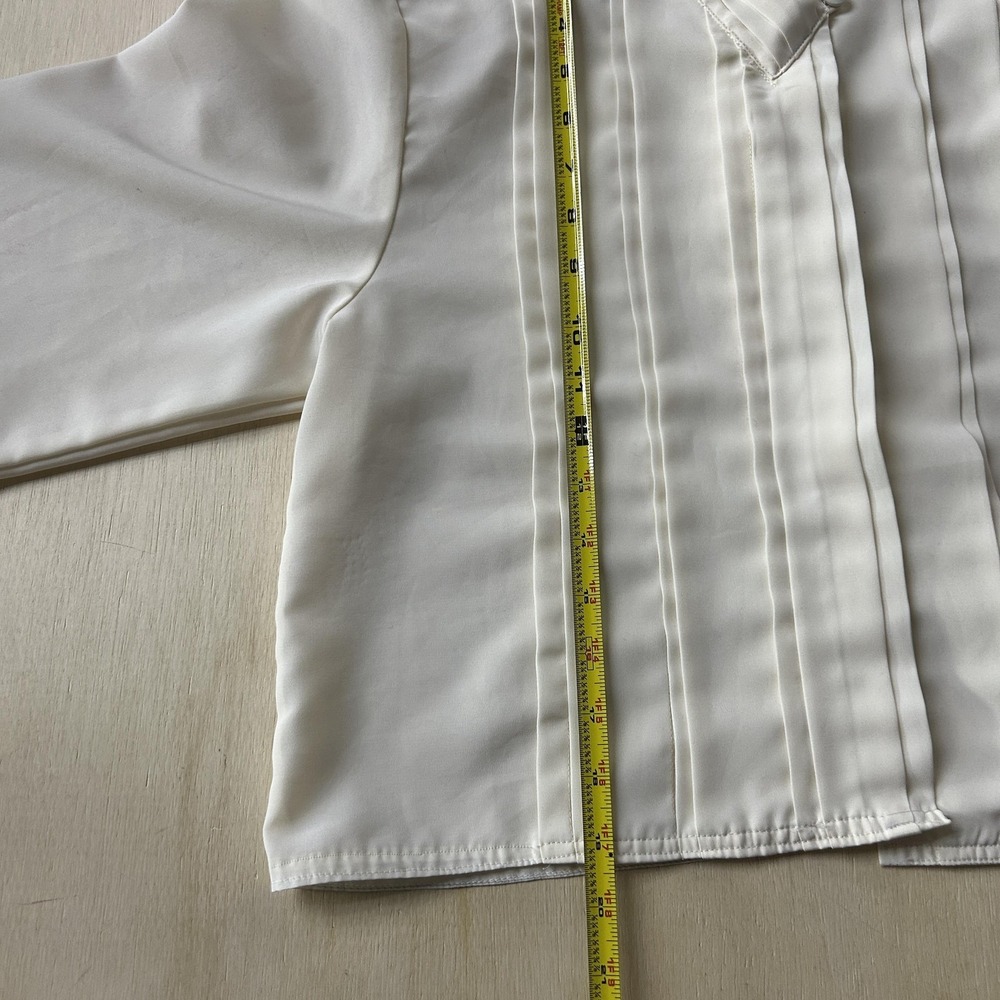 Vintage Blouse Womens Medium White V Neck Long Sleeve Cropped Satin Pleated Top - Picture 5 of 8
